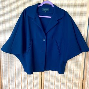 Ann Taylor Wool Cape Coat 3/4 sleeve button round collar pocket Wool jacket navy